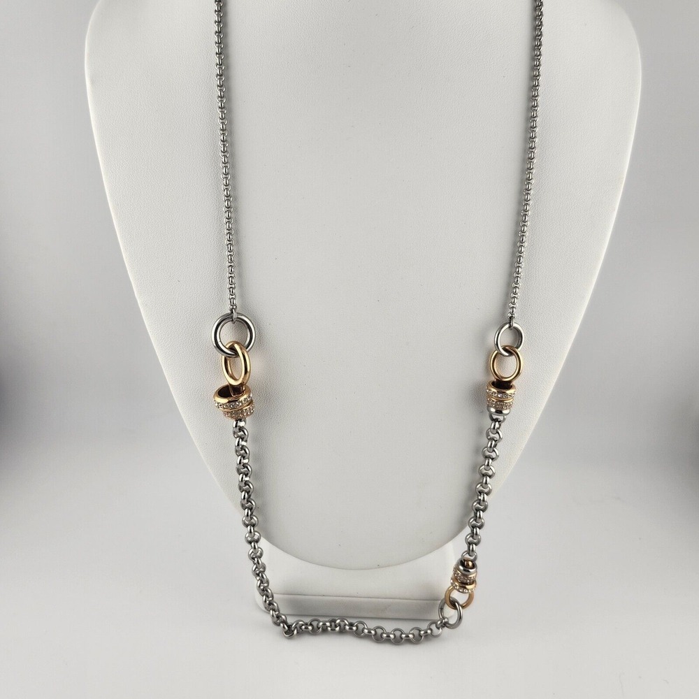 Fossil Silver Tone Two Tone‎ Chain Necklace With Rhinestones